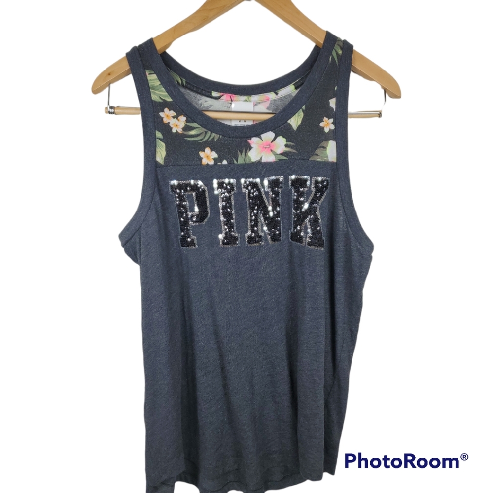 PINK Victoria's Secret Tank Top Tropical Floral Sequins Med